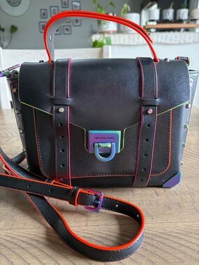 Michael Kors Black Leather Manhattan Satchel Neon Trim and Iridescent Hardware